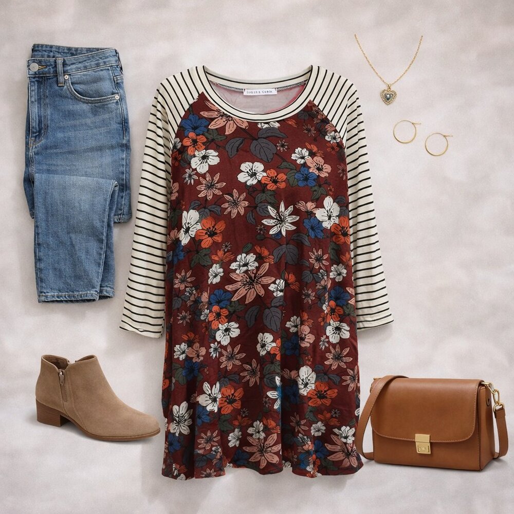💚 Chris & Carol Floral Raglan Tunic Top Burgundy Striped Sleeves Size L